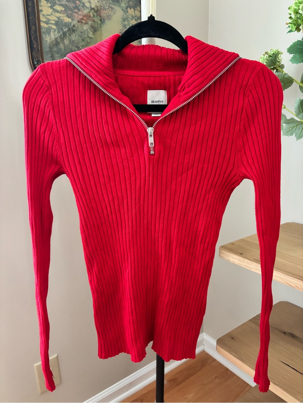 Anthropologie Maeve Fitted Half Zip Sweater in Red Size XS